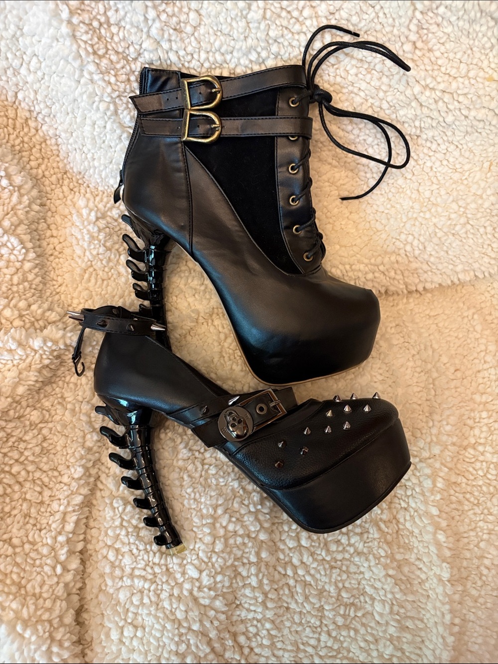 Women's Black Lace-Up Platform Ankle Boots Goth Skeleton Spine Heel ?Shoe Story - Picture 11 of 16